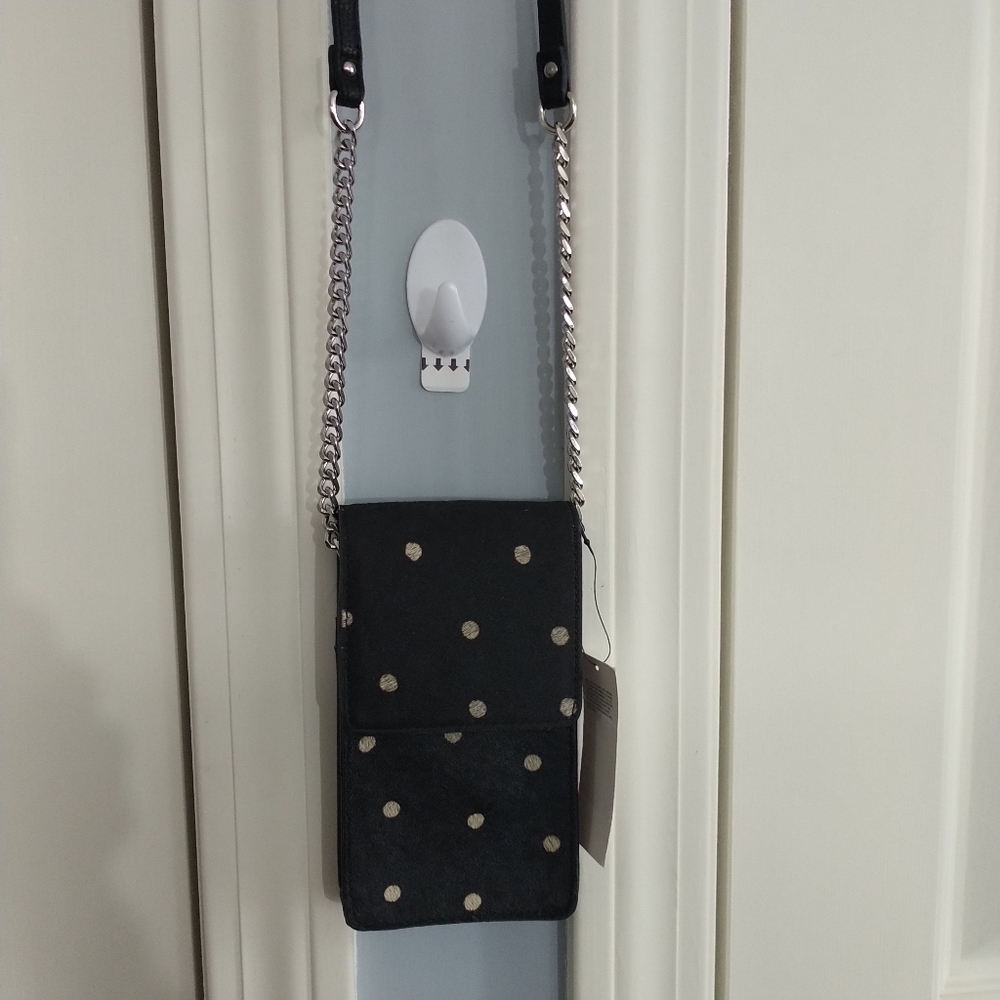 Genuine Haircalf Black & Gold Polka Dot Leather Crossbody Bag - Picture 6 of 11